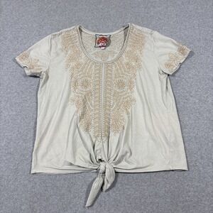 Johnny Was Sz S La Rita Knot Embroidered Tie Front Tee Boho Top Embroidered
